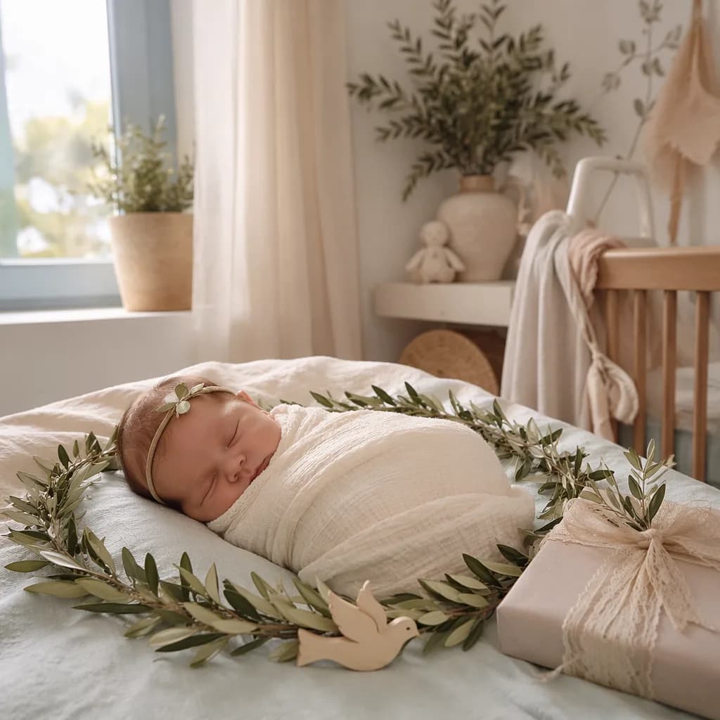 Peaceful Greek-inspired nursery with a swaddled newborn, olive branches, dove toy, and small gift.