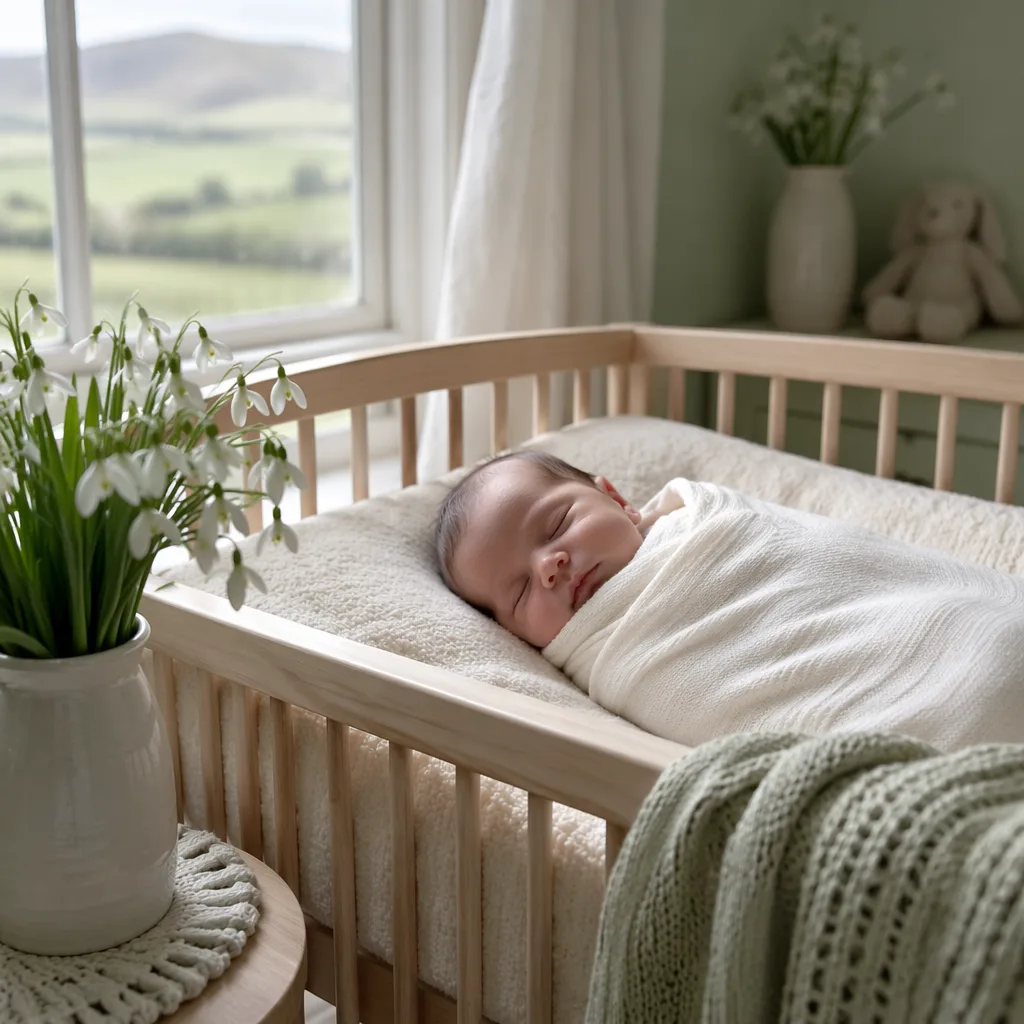 Peaceful swaddled baby in a cozy nursery with white snowdrop flowers, inspired by the Welsh name Eirlys Non.