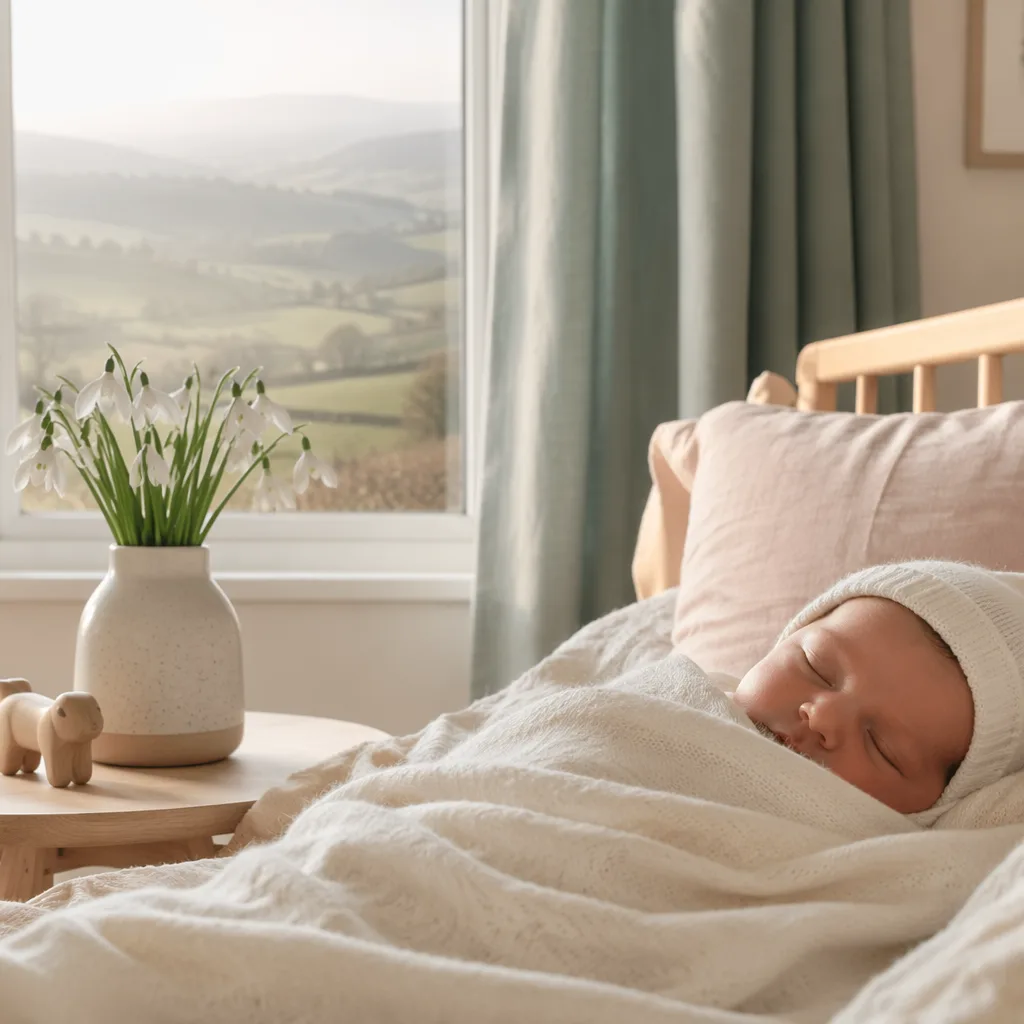Cozy pastel nursery with a swaddled baby and white snowdrop flowers.