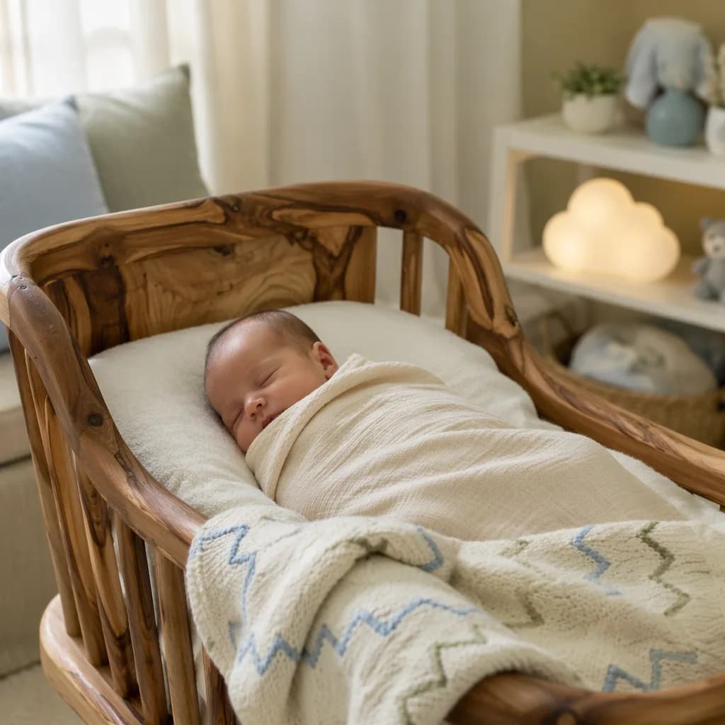 Sleeping newborn in a soft pastel nursery with subtle strength and lightning-inspired details.