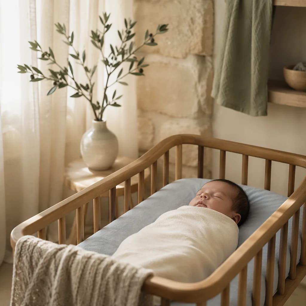 Sleeping newborn in a soft Hebrew-inspired nursery with olive branch decor.
