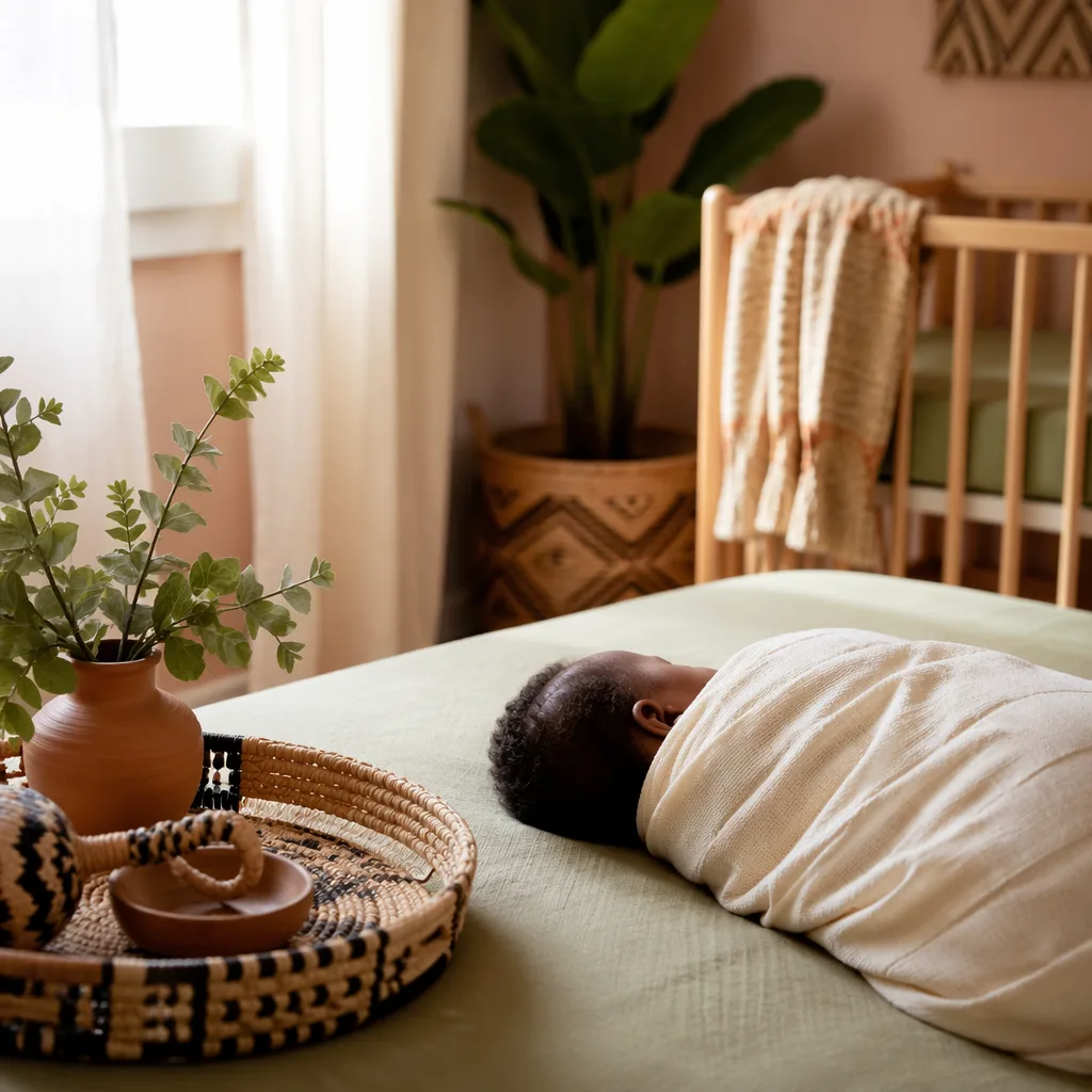 Sleeping Nigerian baby in a soft pastel nursery with woven accents.