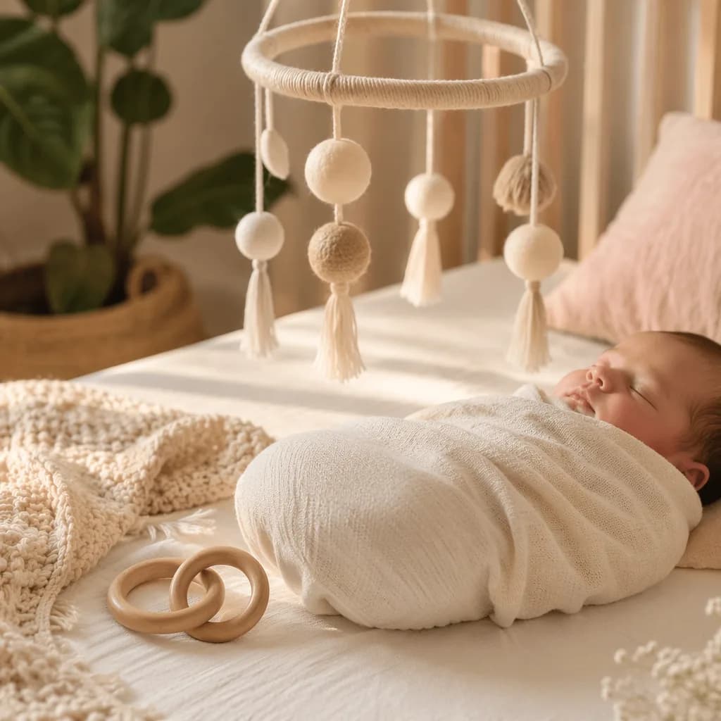Peaceful pastel nursery with a swaddled baby and interlinked wooden rings symbolizing unity.