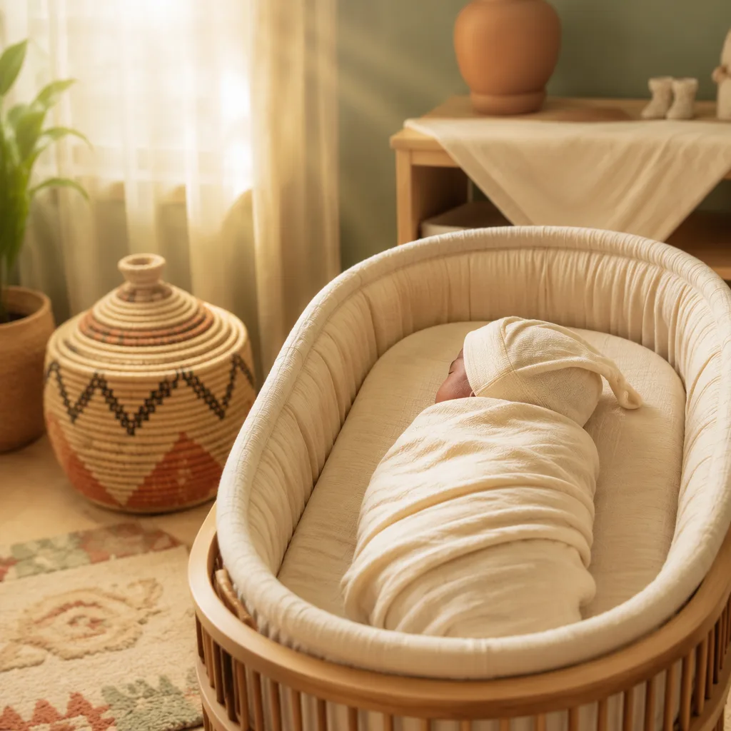 Peaceful swaddled Igbo newborn in a softly lit modern nursery with woven accents.
