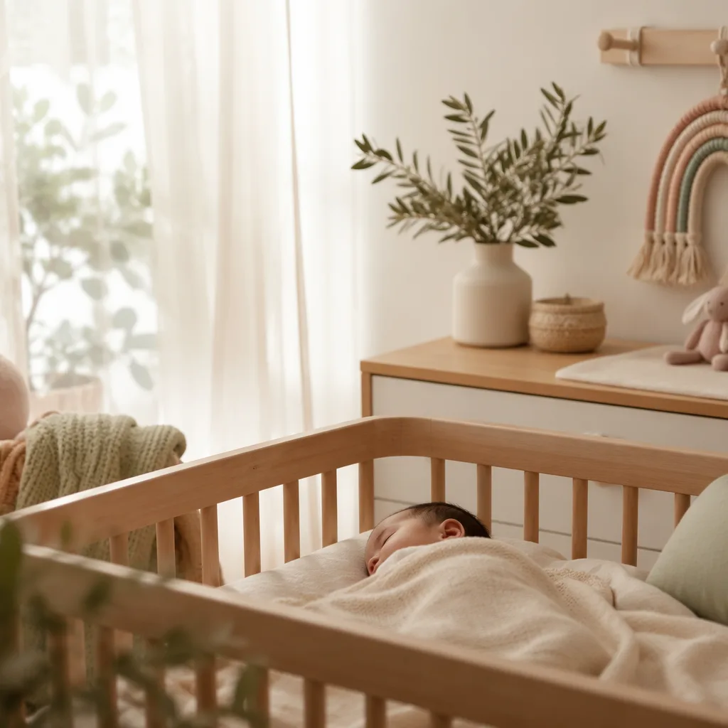 Sleeping baby in a soft pastel nursery with olive branch accents.