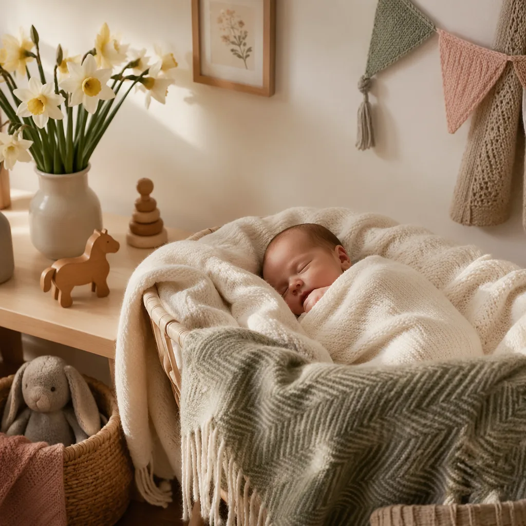 A serene Welsh-inspired nursery with a softly wrapped newborn, daffodils, and warm natural light.