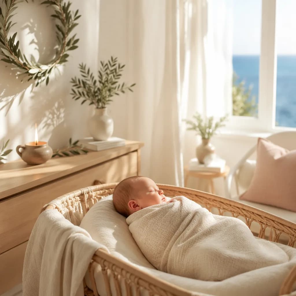 A peaceful pastel nursery with a swaddled baby, olive branch, and soft Greek-inspired light.