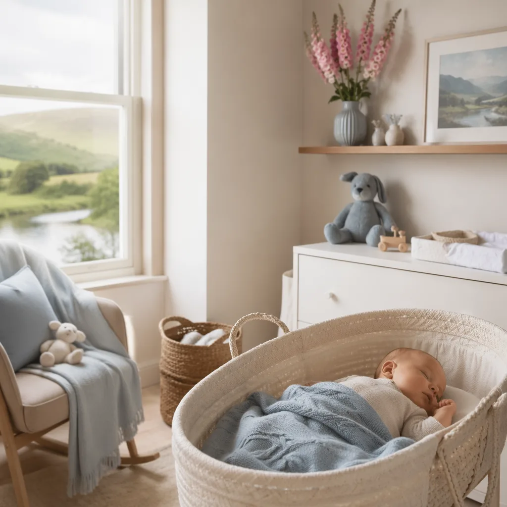 A peaceful Welsh-inspired nursery with a sleeping baby, soft blue accents, and pink foxglove flowers.