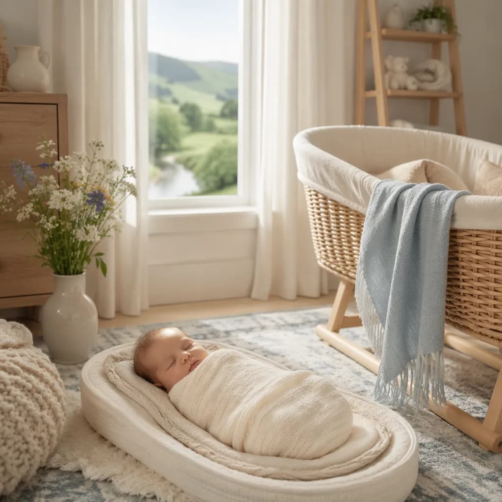 Soft Welsh-inspired nursery with a swaddled sleeping baby and gentle pastel accents