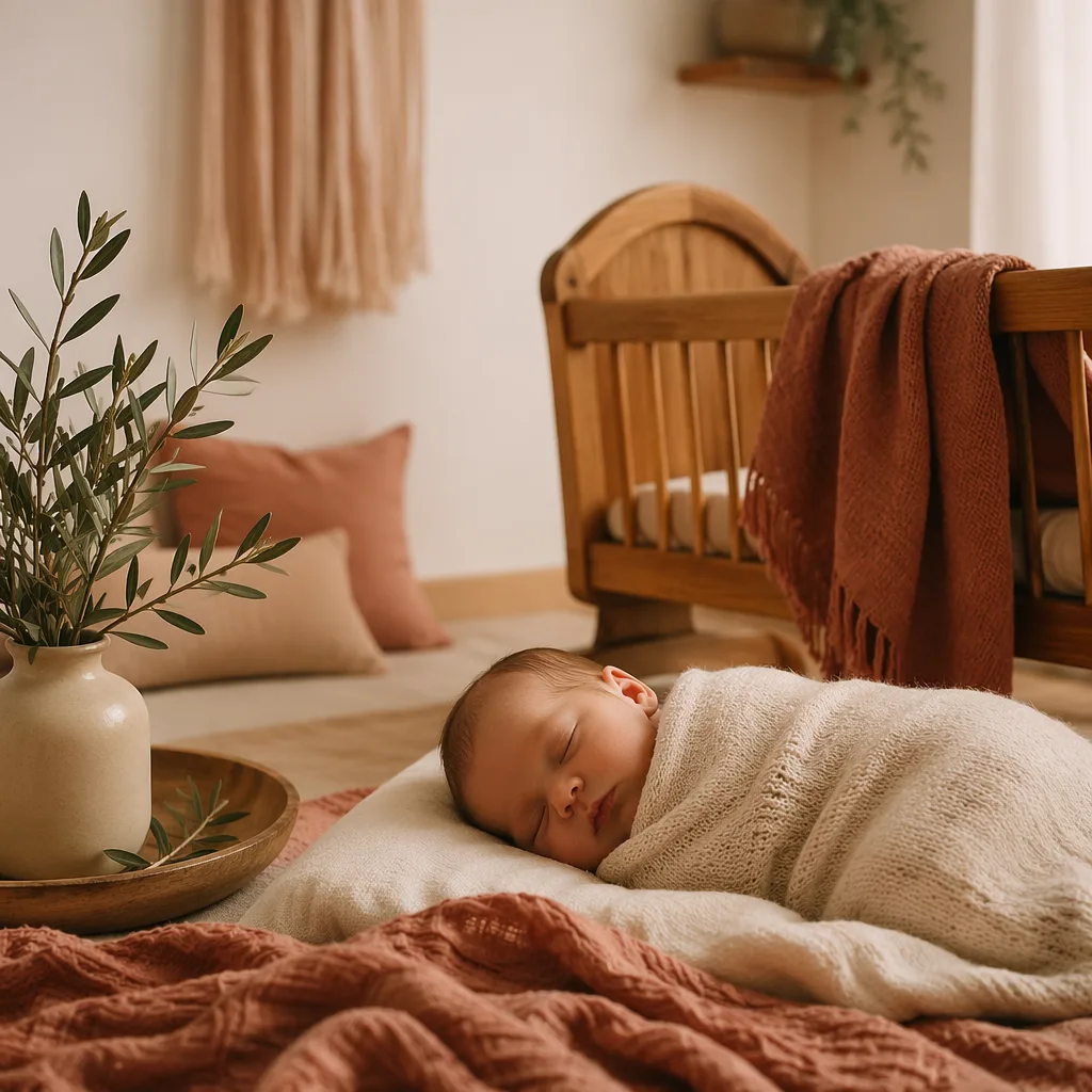 A softly lit cozy nursery with a swaddled baby and warm Spanish-inspired details.