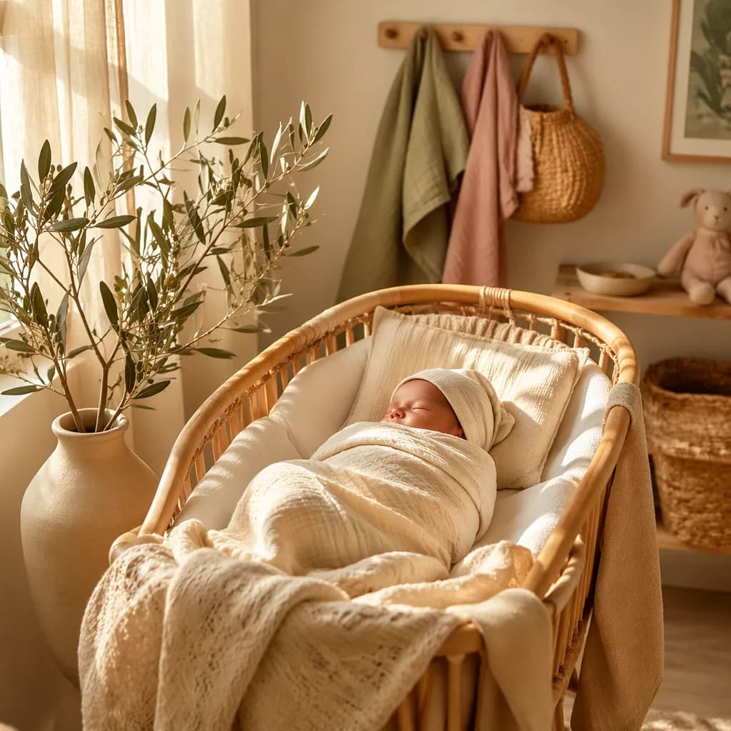 Sleeping newborn in a soft pastel nursery with golden light and an olive branch.