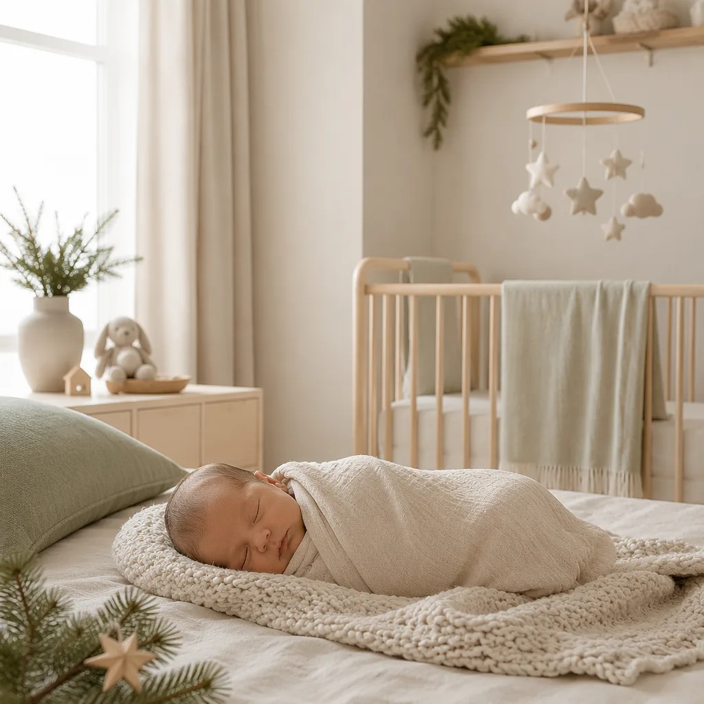 Sleeping baby in a cozy Scandinavian nursery with soft winter-inspired decor.