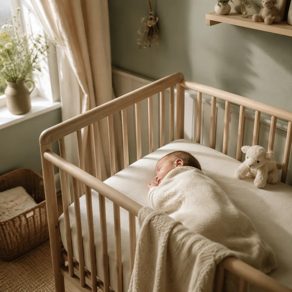 Sleeping baby in a soft pastel English-inspired nursery with gentle morning light.