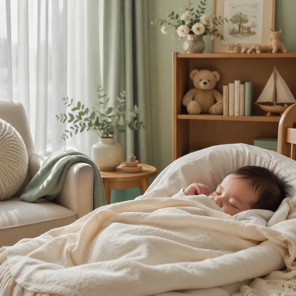 A peaceful pastel nursery with a swaddled sleeping baby in gentle natural light.
