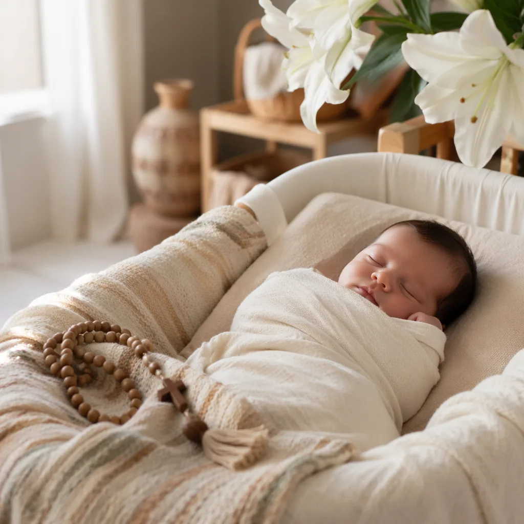 A peacefully sleeping baby in a soft pastel nursery with Spanish-inspired keepsakes and white lilies.