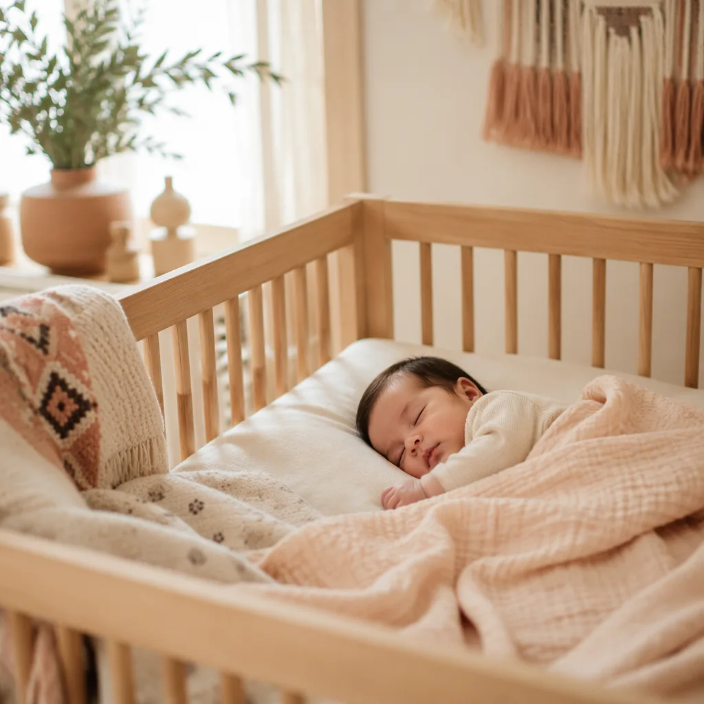 Peaceful baby sleeping in a warm pastel nursery with natural woven details.