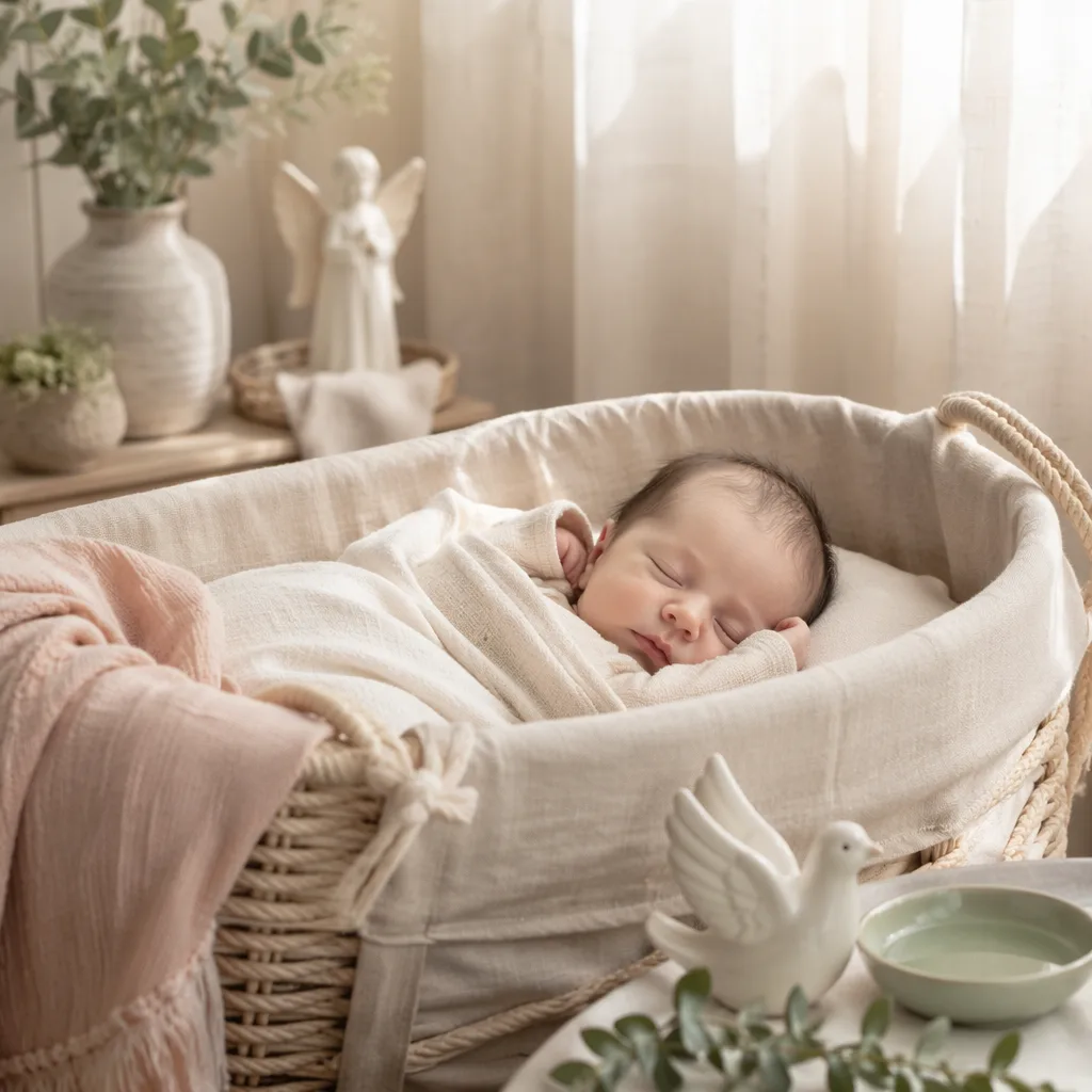 Peaceful newborn in a soft pastel Portuguese-inspired nursery with gentle morning light.