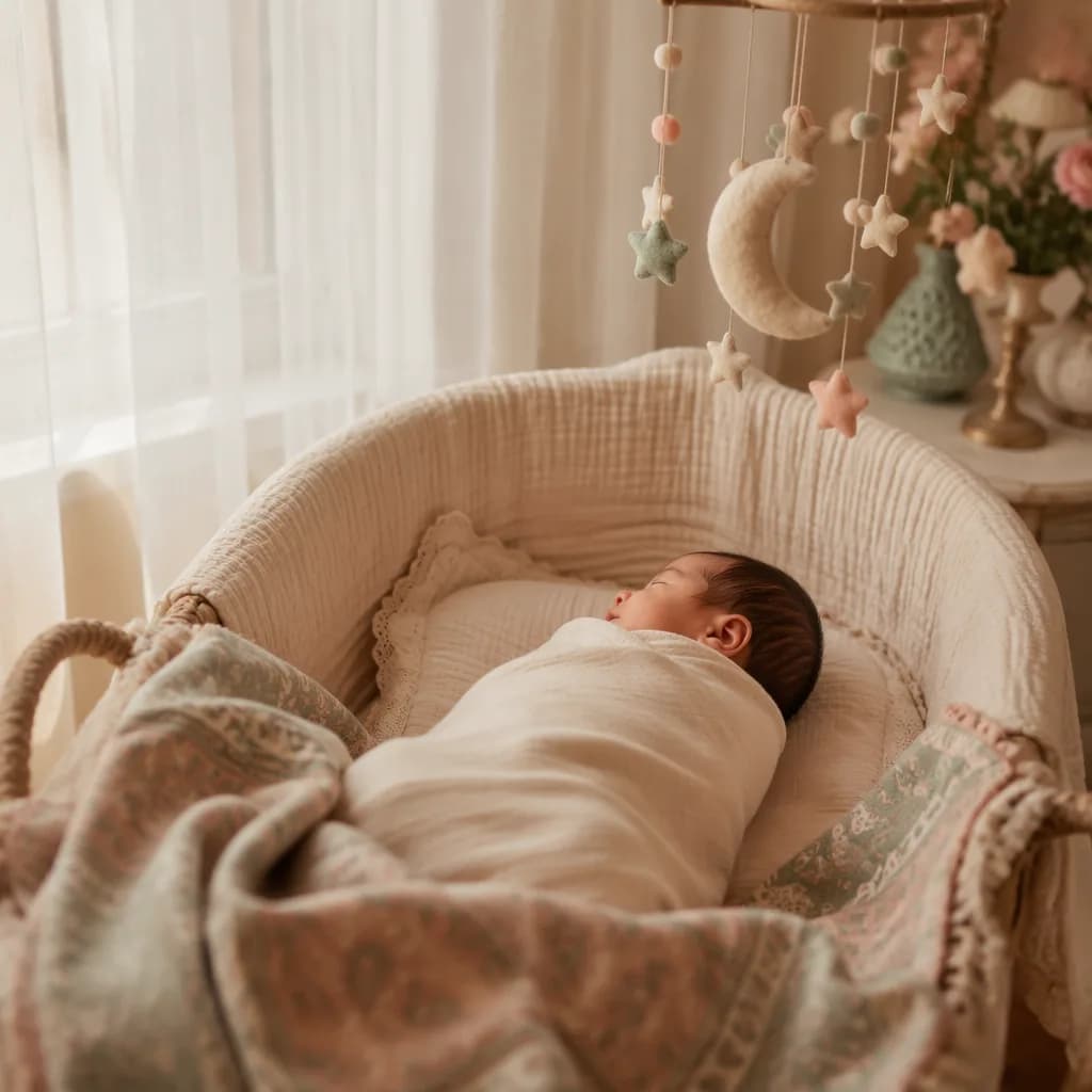 Peaceful swaddled newborn in a soft pastel nursery with gentle natural light.