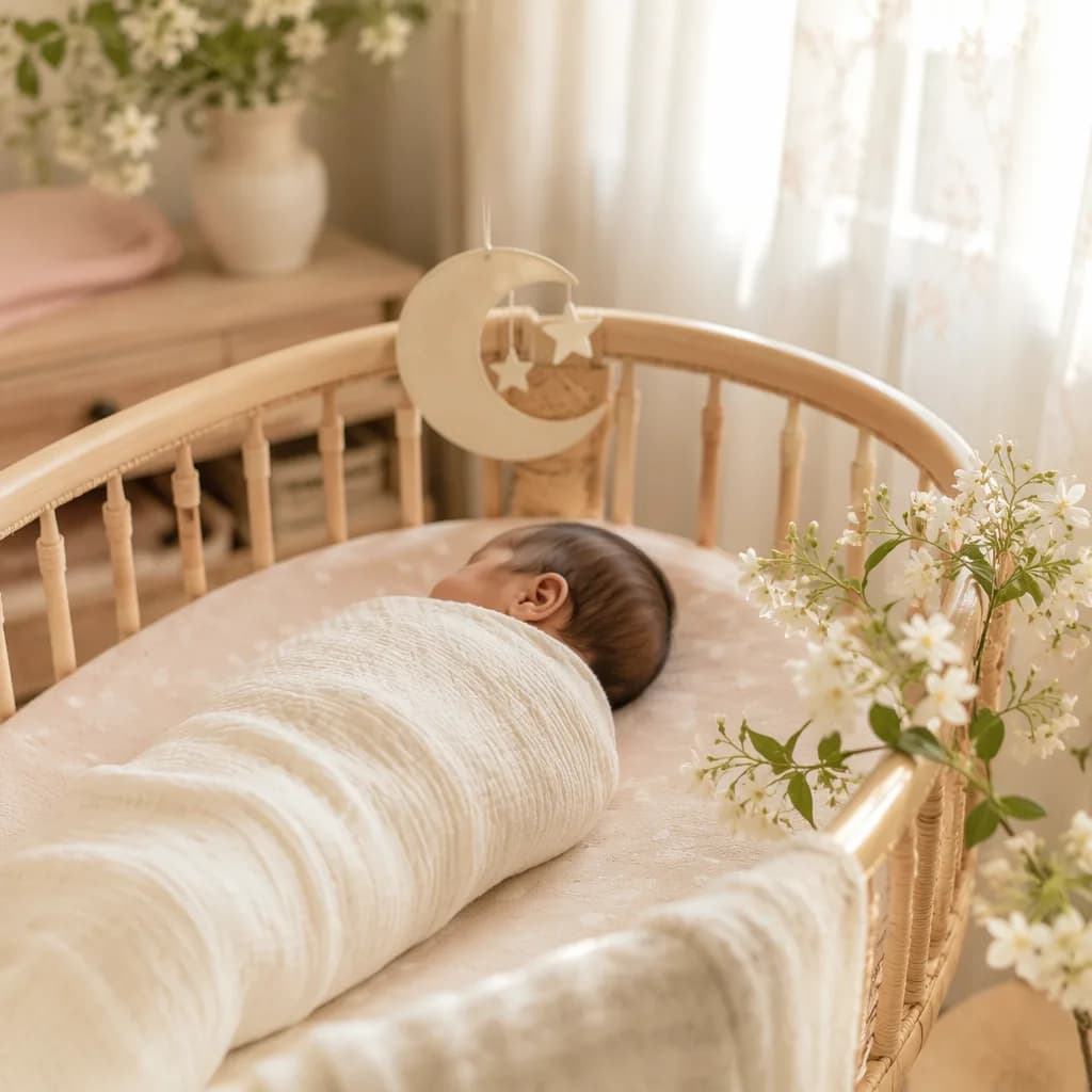 A peaceful swaddled baby in a soft pastel nursery with jasmine flowers and gentle morning light.