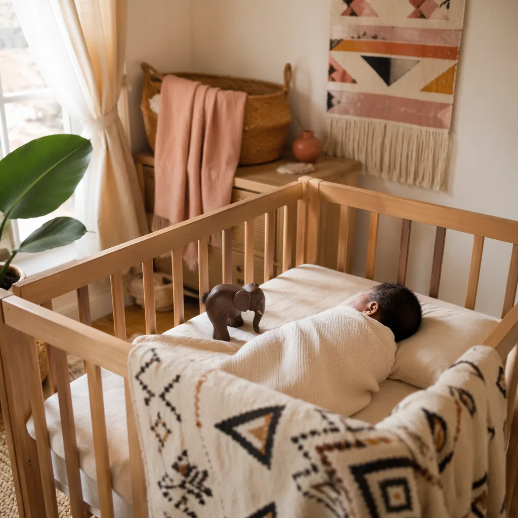 Sleeping newborn in a cozy Nigerian-inspired nursery with soft pastel decor.