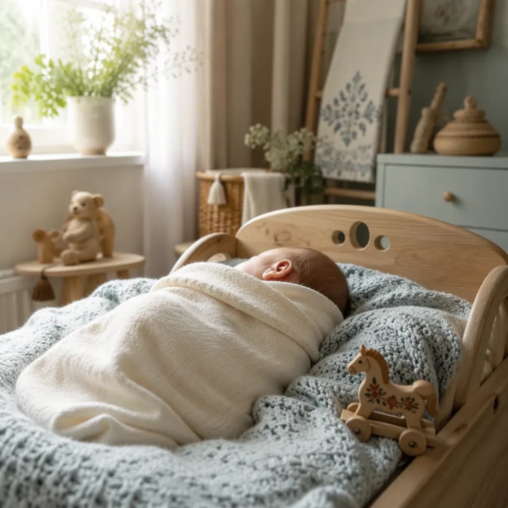 A softly lit nursery with a swaddled baby and gentle Russian-inspired wooden details.