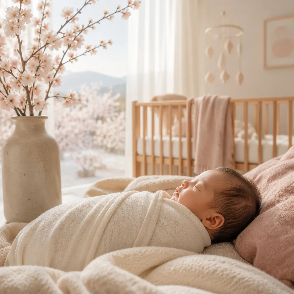 Soft pastel Japanese-inspired nursery with a swaddled newborn and cherry blossoms in gentle morning light.