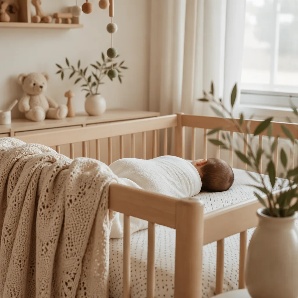 Soft Scandinavian nursery with a swaddled baby and laurel branch detail.