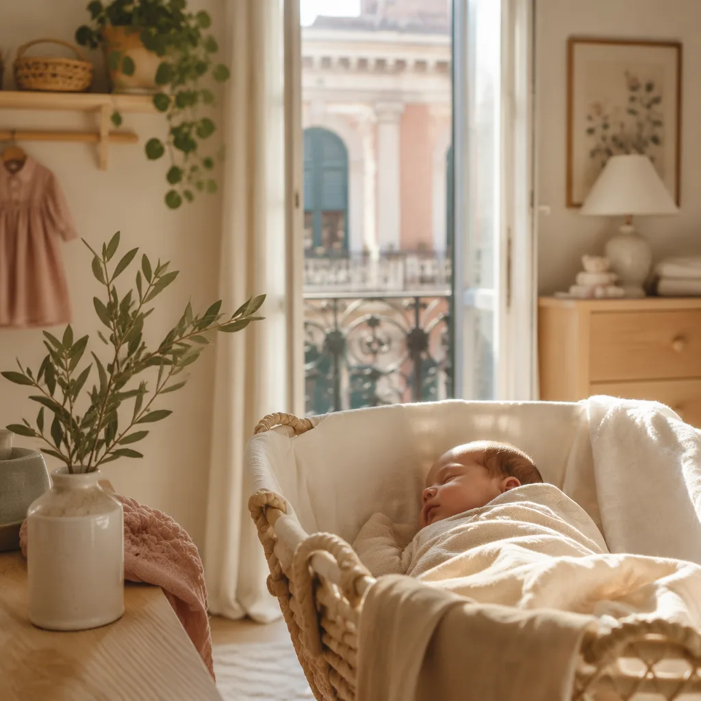 Soft pastel Italian nursery with a peacefully sleeping swaddled baby and olive branch details.