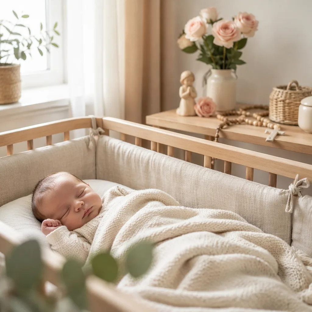 Soft pastel nursery with a sleeping newborn, roses, and gentle Spanish-inspired decor.