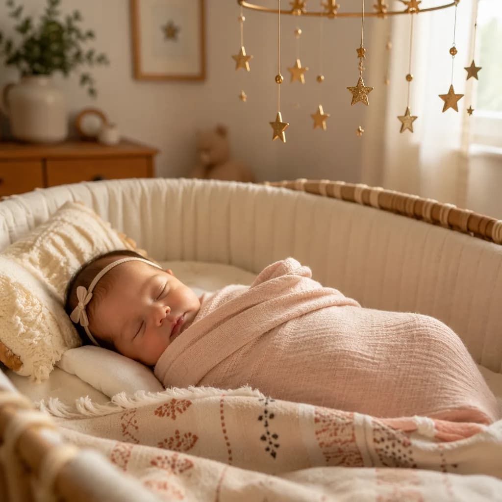 Sleeping baby in a soft pastel nursery with a delicate star mobile.