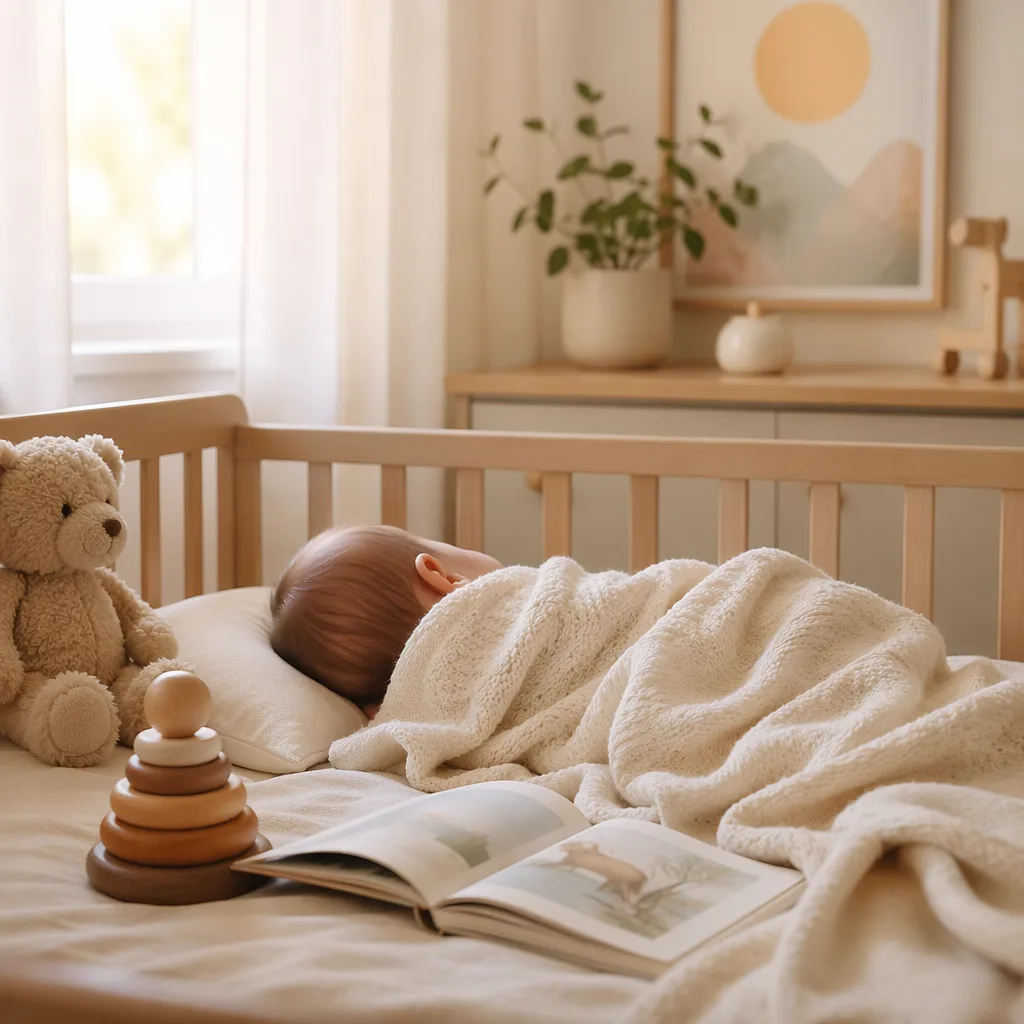 A softly lit pastel nursery with a sleeping baby, wooden rings, teddy bear, and storybook.