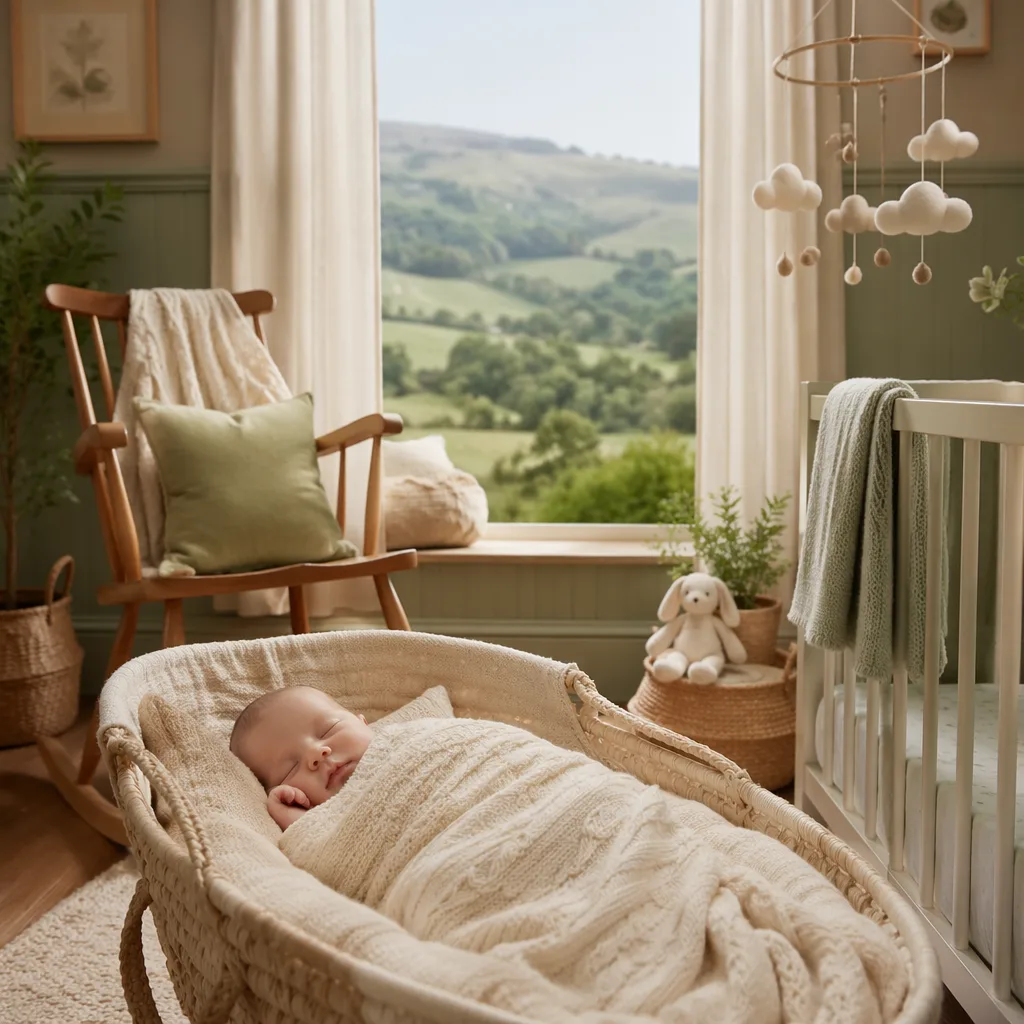 Sleeping newborn in a cozy nursery with soft Welsh valley-inspired decor.