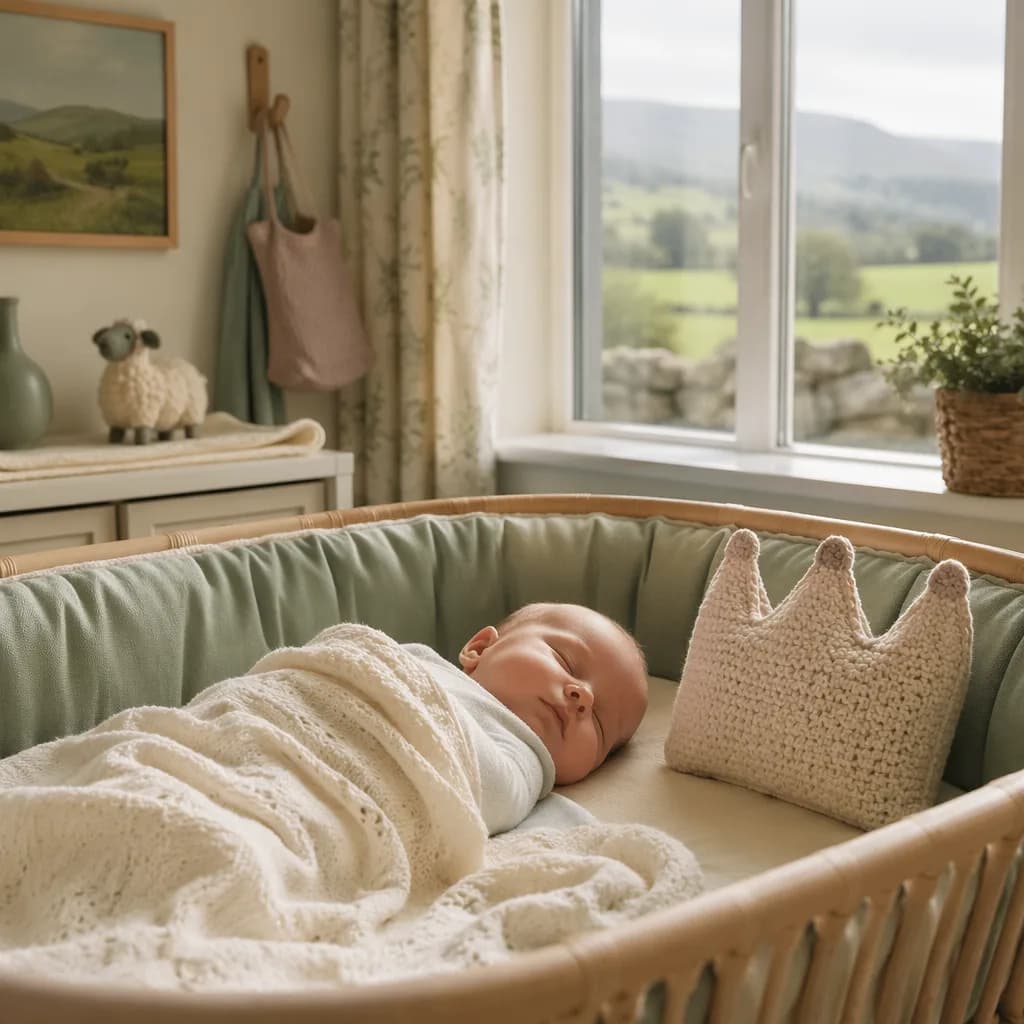 Sleeping baby in a soft Welsh-inspired nursery with a small crown cushion.