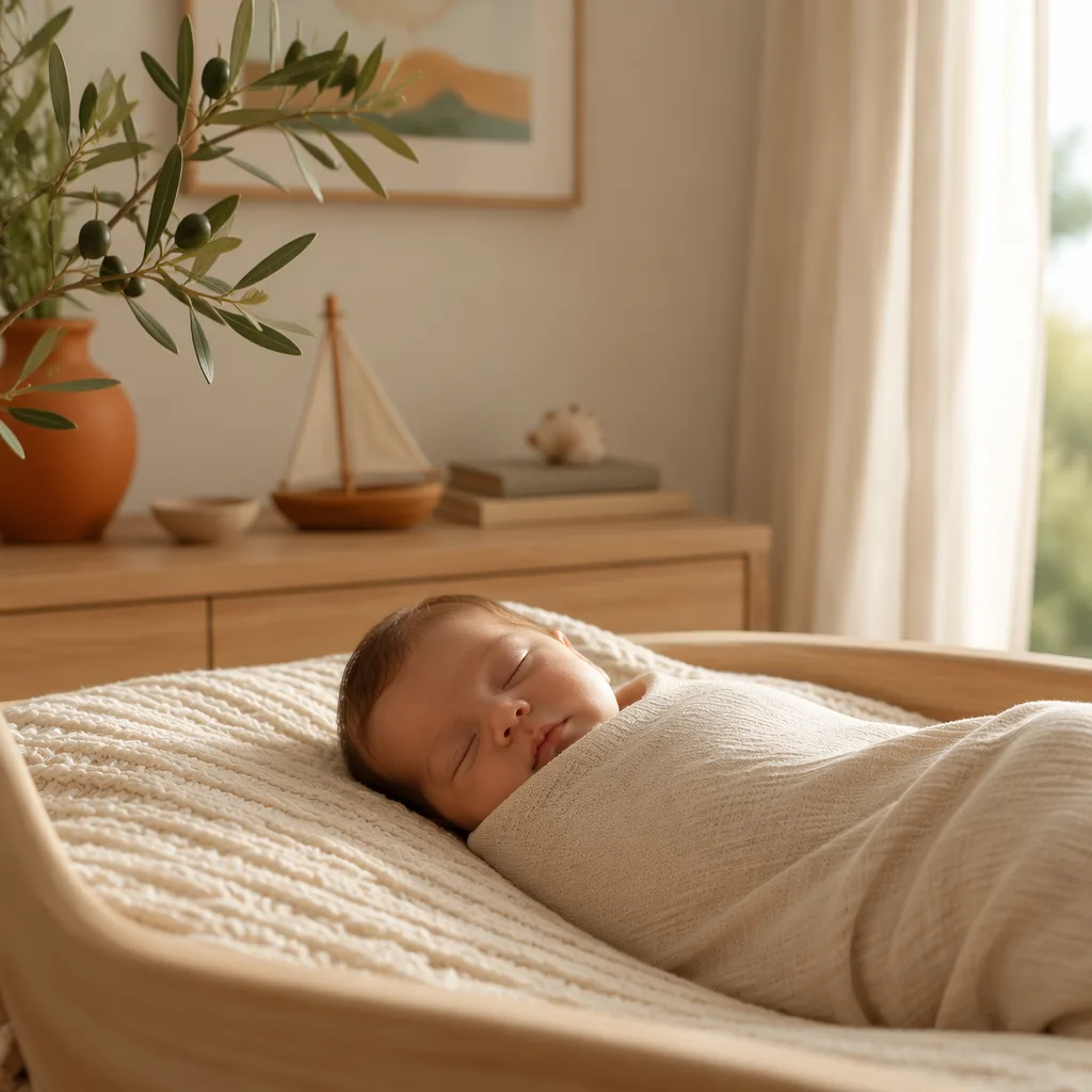 Sleeping Italian baby in a soft pastel nursery with olive branch and toy sailboat.
