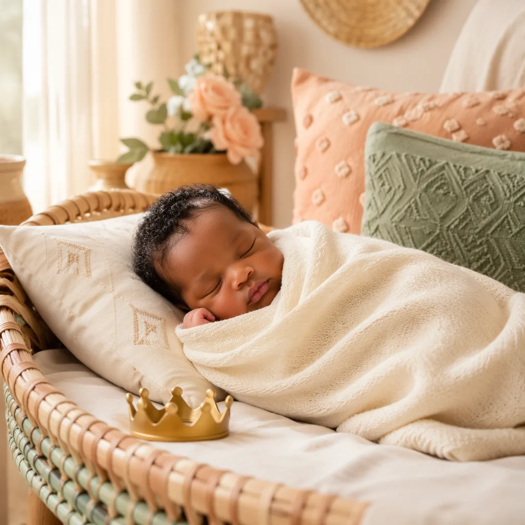 Sleeping newborn in a soft Yoruba-inspired nursery with warm pastel accents and a crown keepsake.
