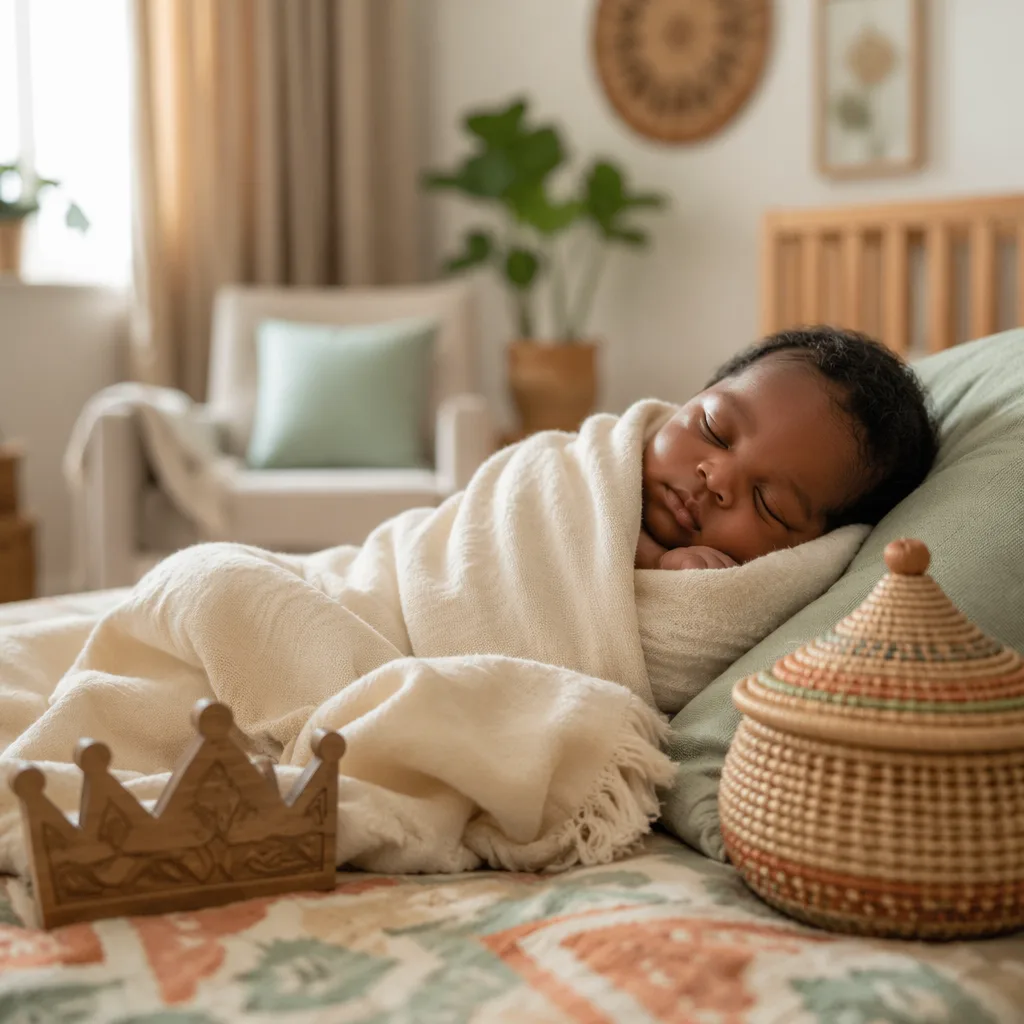 Sleeping newborn in a warm pastel nursery with Yoruba-inspired woven details.