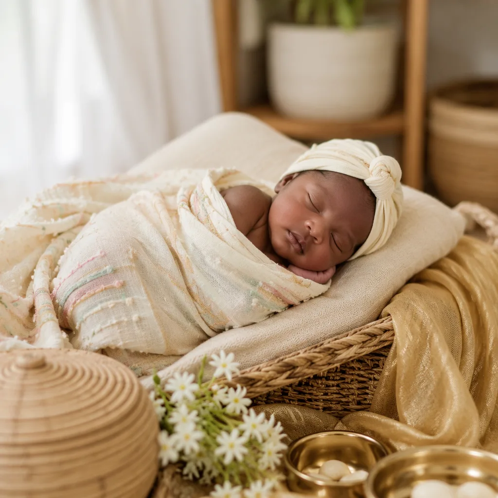 Sleeping newborn in a warm pastel Yoruba-inspired nursery with gentle symbols of blessing and abundance.