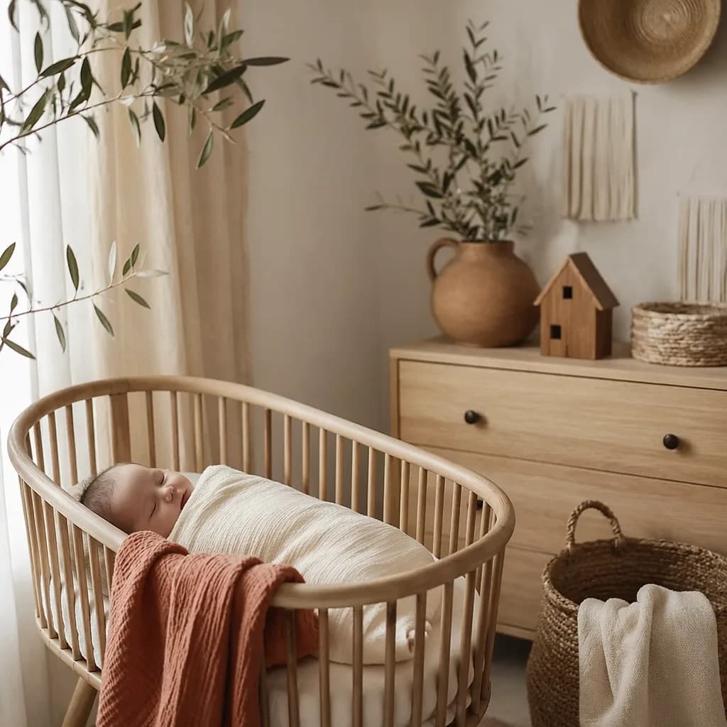 Sleeping newborn in a warm pastel Spanish-inspired nursery with soft natural light.