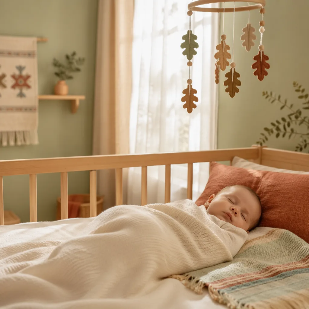 Sleeping baby in a warm pastel Spanish-inspired nursery with an oak leaf mobile.