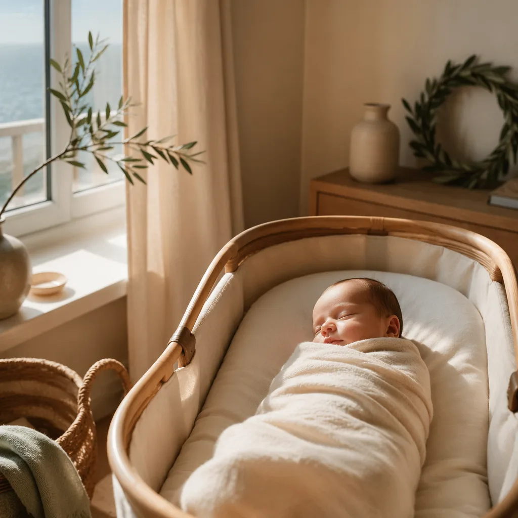 A peacefully sleeping baby in a cozy pastel nursery with olive and laurel details.