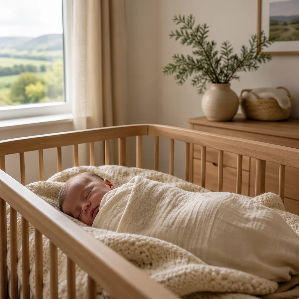 Sleeping baby in a soft Irish-inspired nursery with yew greenery.