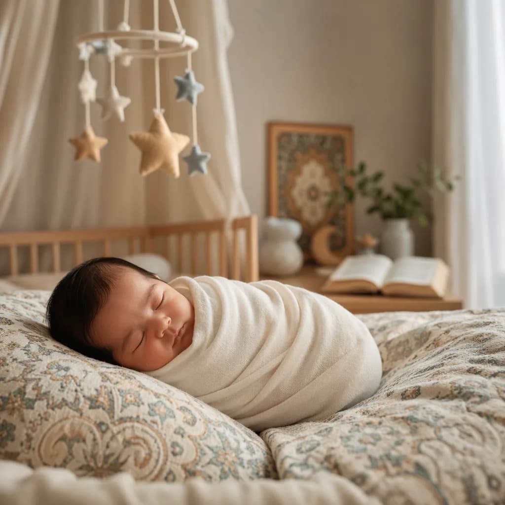 Sleeping newborn in a soft Persian-inspired nursery with a star mobile and book.
