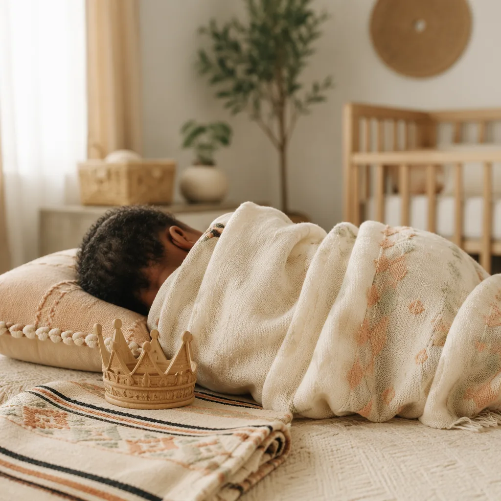 Peaceful Yoruba baby in a soft pastel nursery with a small wooden crown and woven textile.