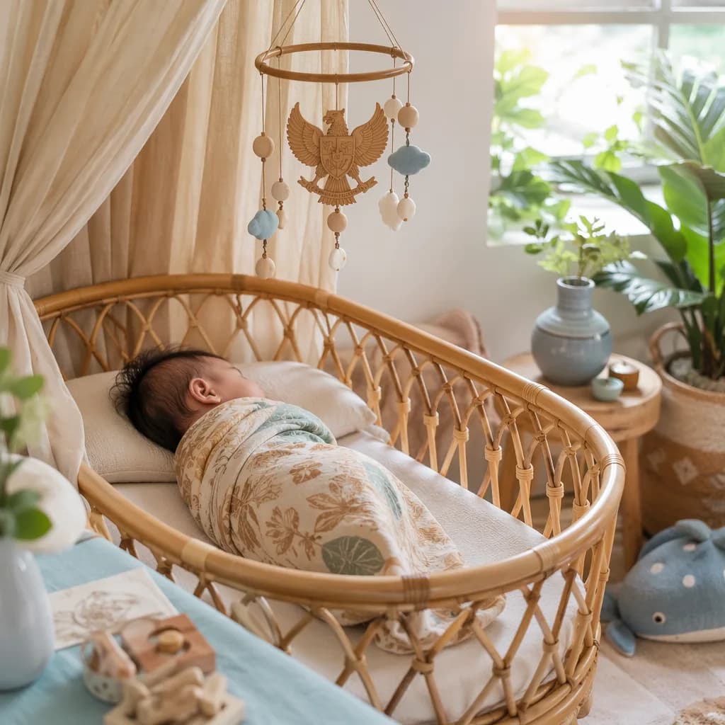 Indonesian baby sleeping in a soft pastel nursery with batik and water-inspired accents.