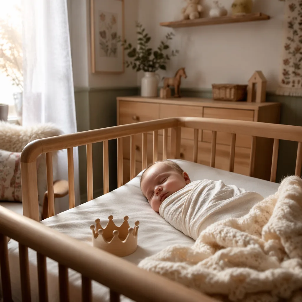 A softly lit pastel nursery with a sleeping swaddled baby and a small wooden crown toy.