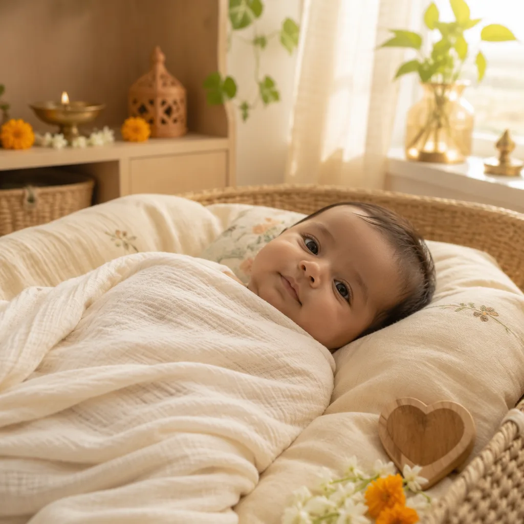 Peaceful baby in a soft pastel nursery with gentle Indian-inspired decor and warm natural light.