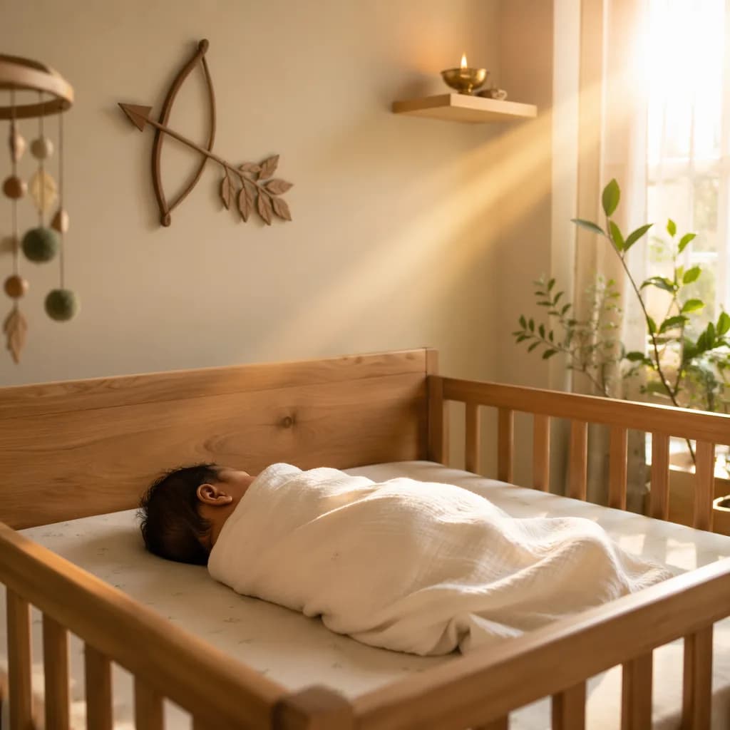Peaceful Indian baby in a softly lit pastel nursery with gentle cultural details.