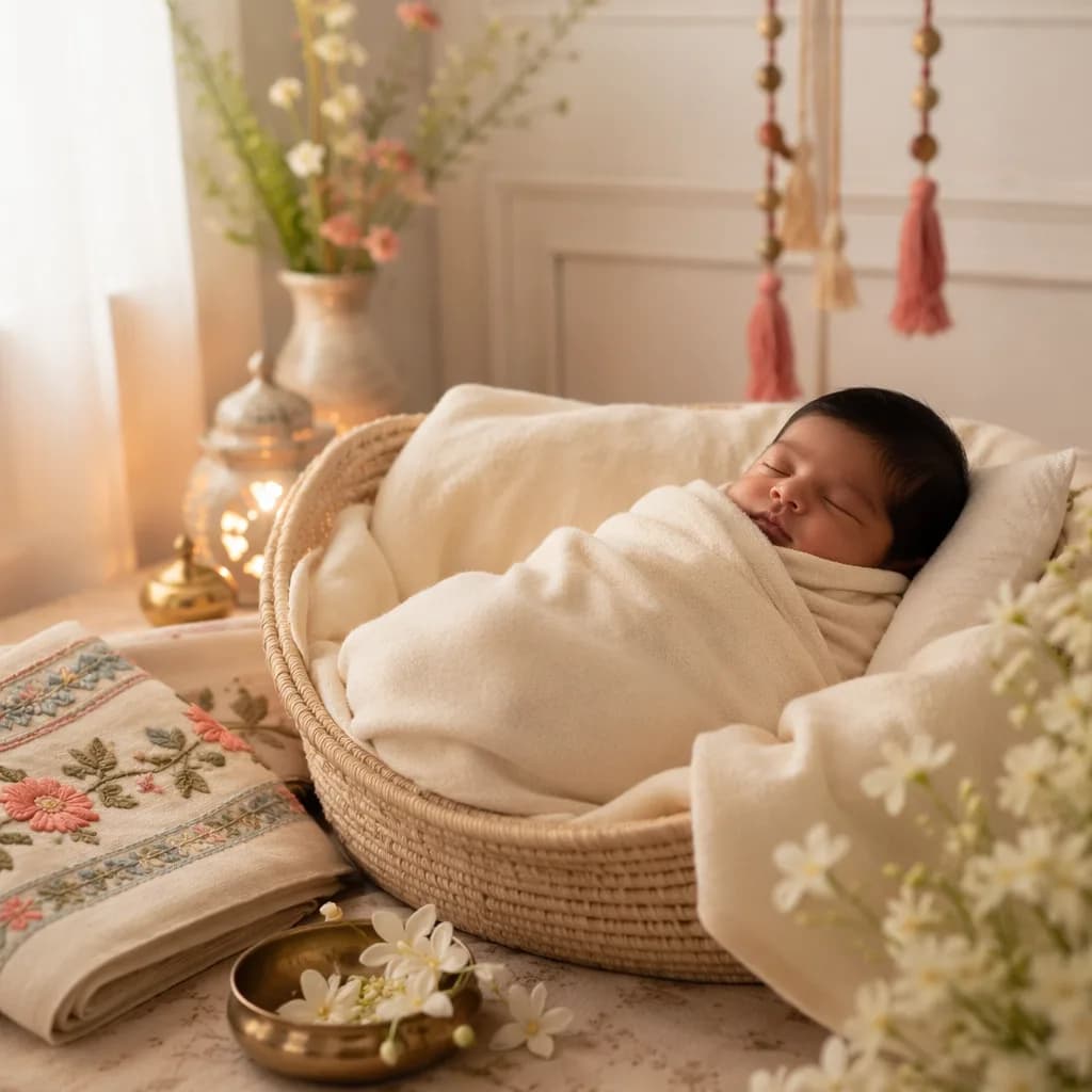 A softly lit Punjabi-inspired nursery with a swaddled newborn and delicate floral accents.