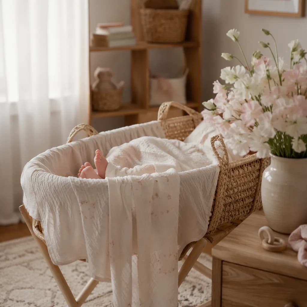 Soft nursery scene with a bassinet, baby blanket, and delicate pastel flowers.