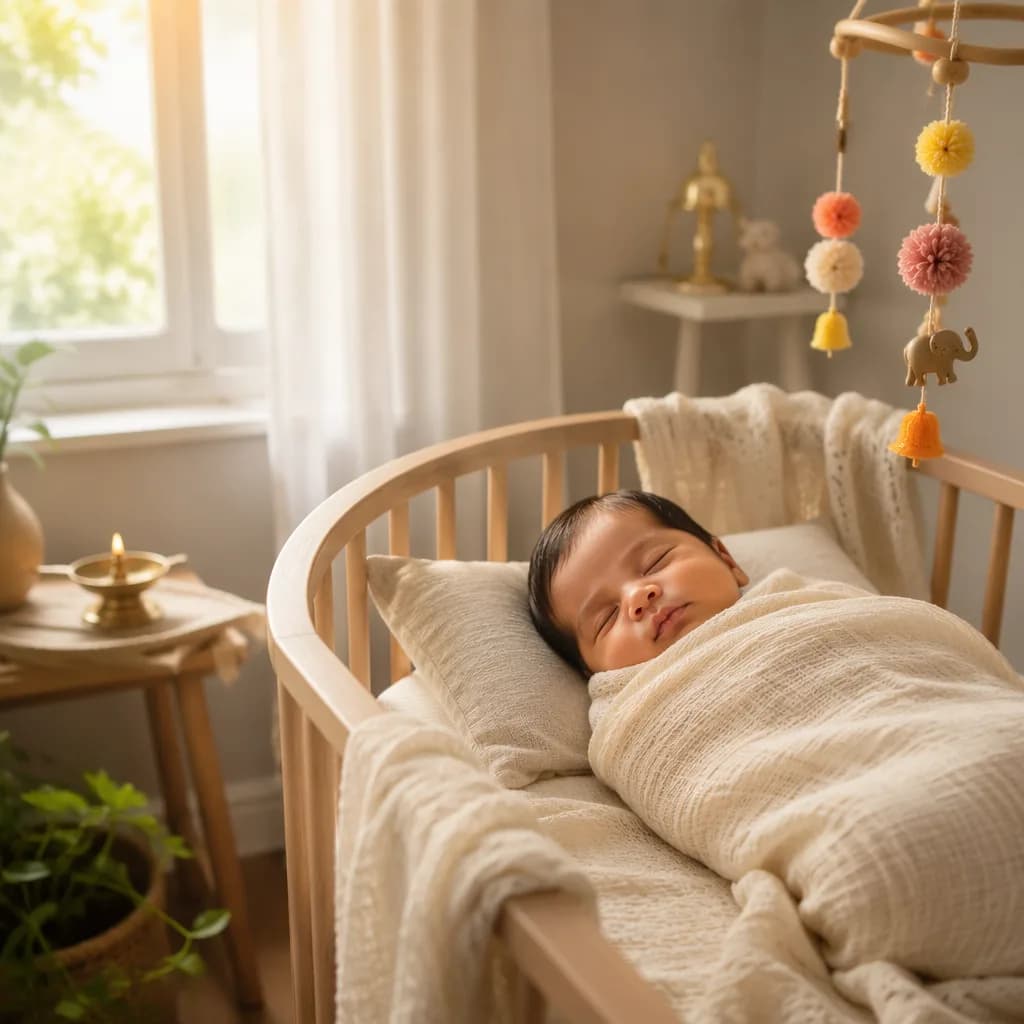 Sleeping newborn in a soft pastel nursery with subtle Indian-inspired decor and warm natural light.